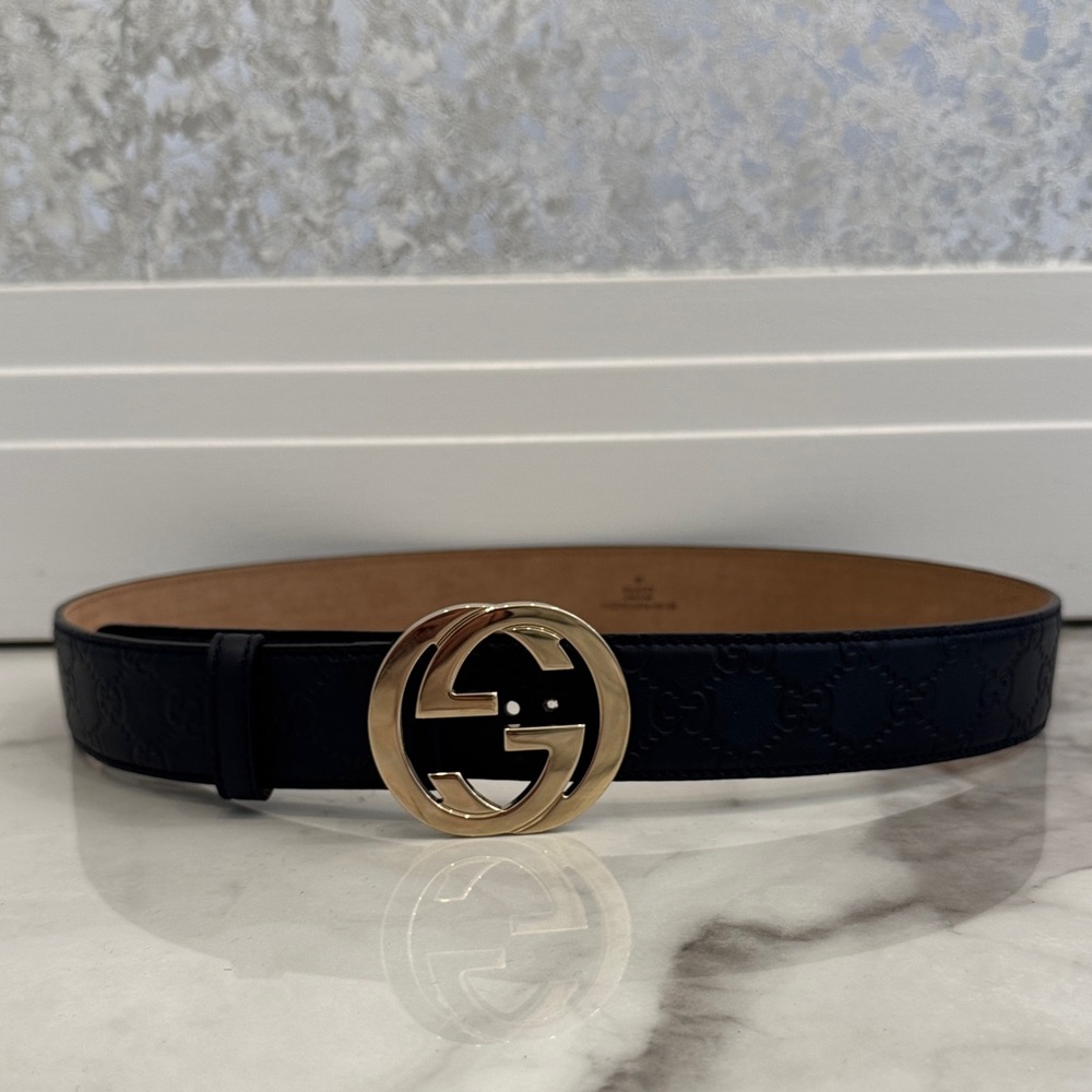 Gucci navy blue Belt with Gold GG Buckle